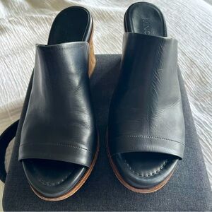 Vince Black Leather Mules with Wooden Wedge Heel